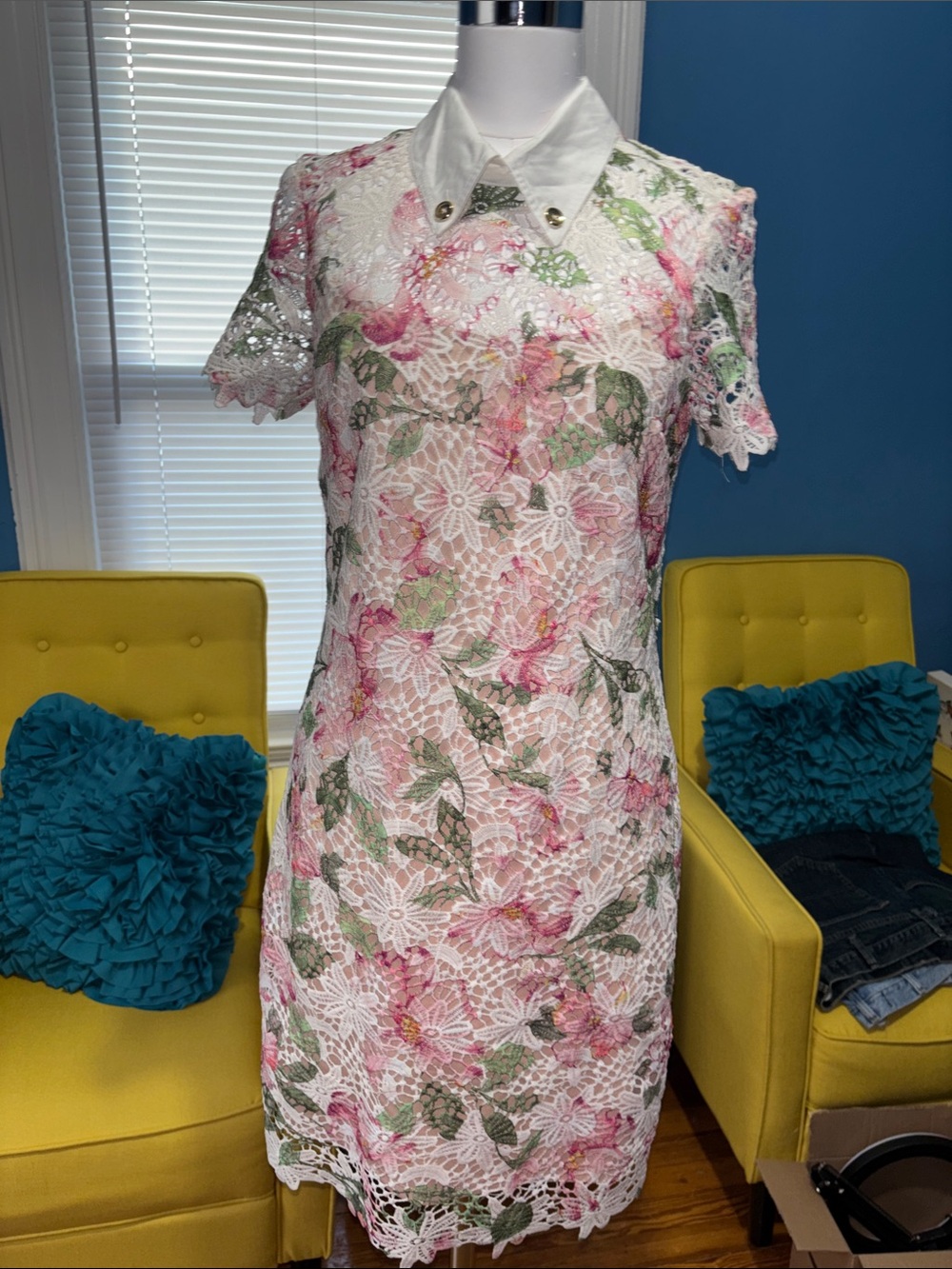 Halston Heritage Pink, Green & White Floral Lace Mini Dress